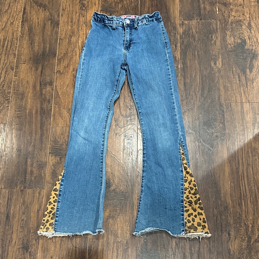 Girls' Blue Flared Jeans with Leopard Inset